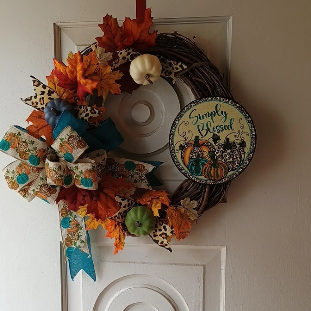 Simply Blessed Autumn Wreath with Pumpkins and Bow